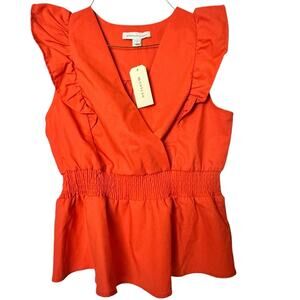 Monteau Women's Vibrant Orange Elastic Wasit Baby Doll V Front Blouse Sz XL NWT